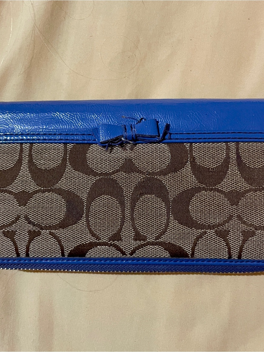 Coach Brown Signature Canvas Wallet with Striking Blue Leather Trim